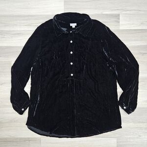 J. Jill Womens Black Crushed Velvet Longsleeve Blouse Large Petite Silk Holiday